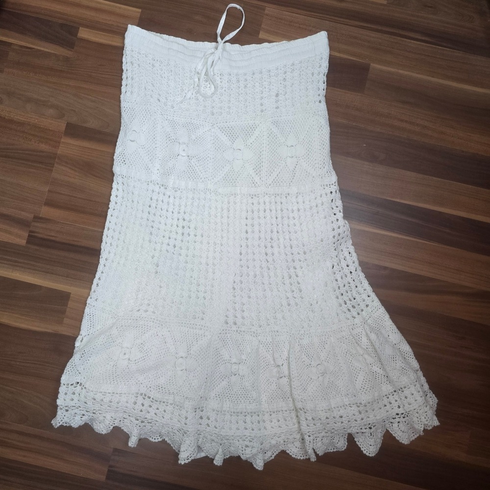 Vintage DIMRI White Cotton Crochet Lace Midi Skirt Cottagecore Boho Medium